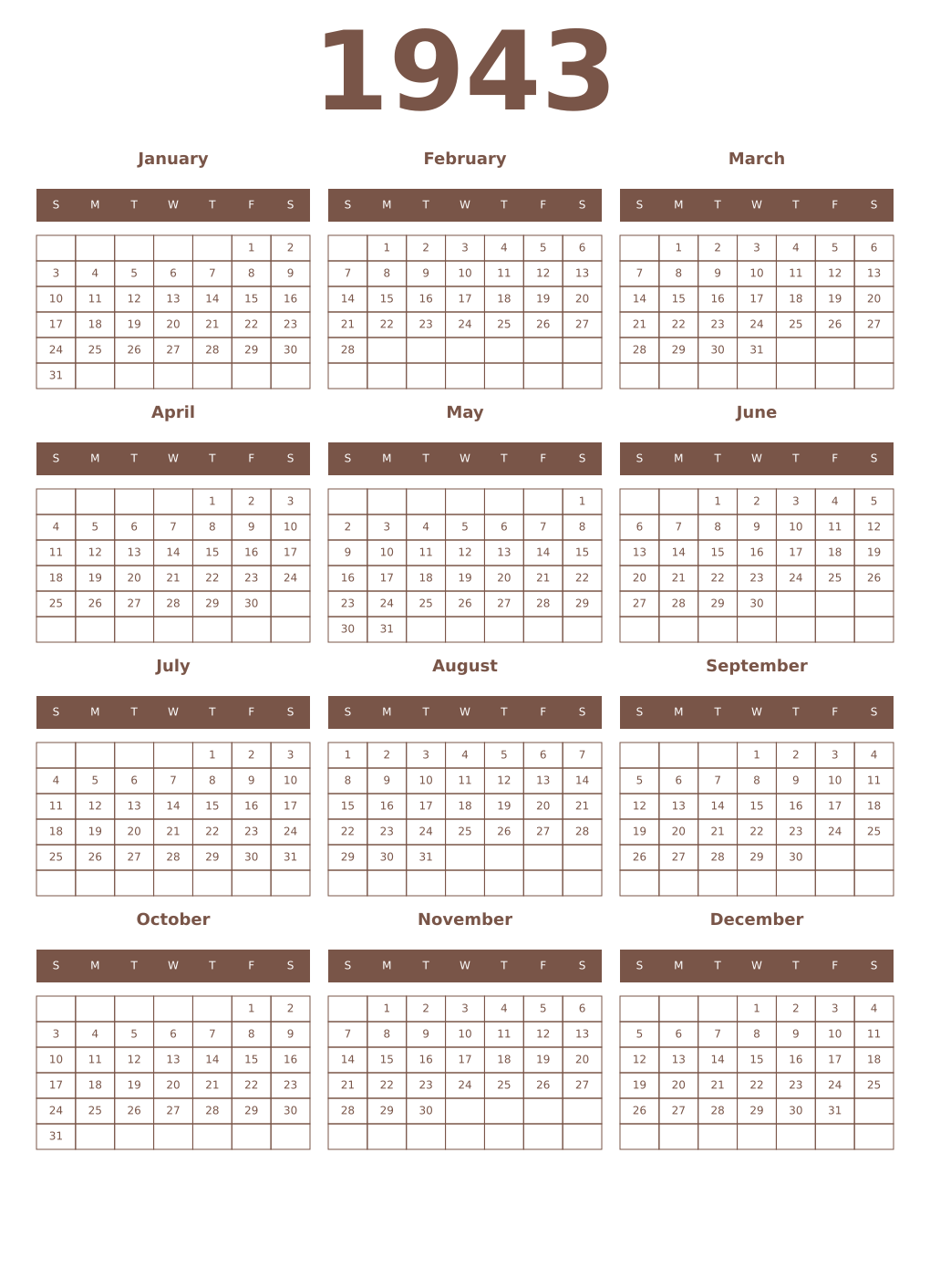 Printable 1943 Year Calendars coffe