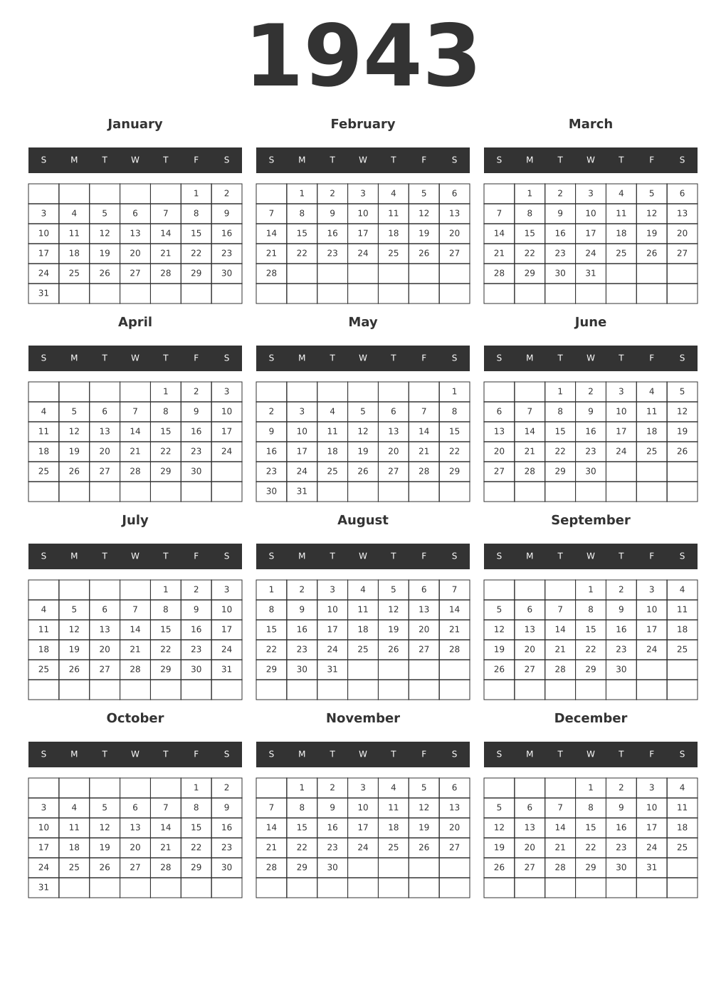 Printable 1943 Year Calendars dark