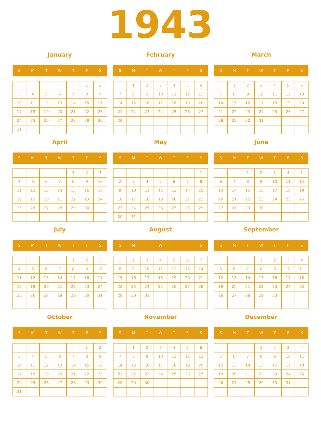 Printable 1943 Year Calendars gamboge