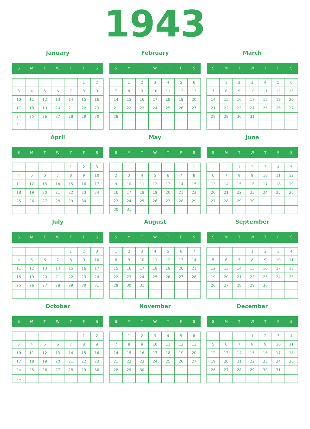 Printable 1943 Year Calendars green