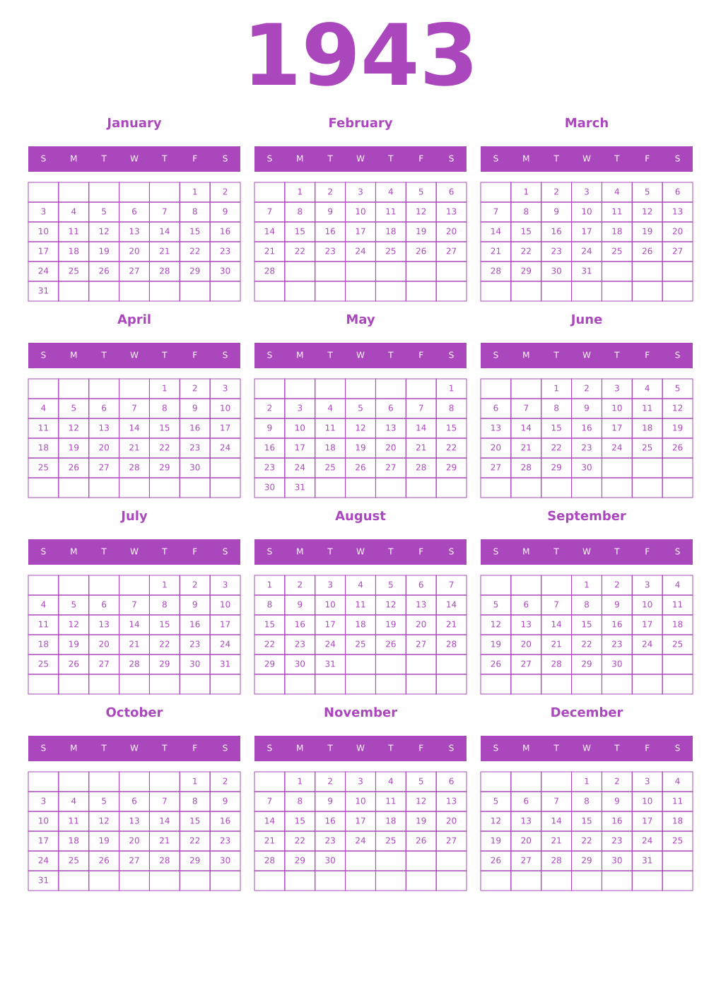 Printable 1943 Year Calendars purple