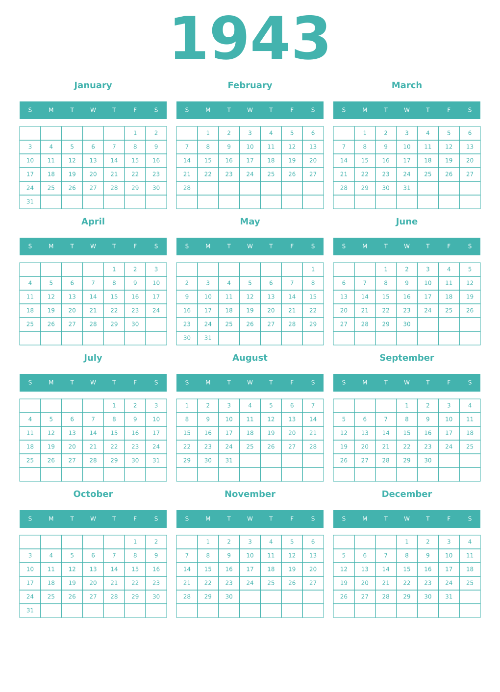 Printable 1943 Year Calendars verdigris