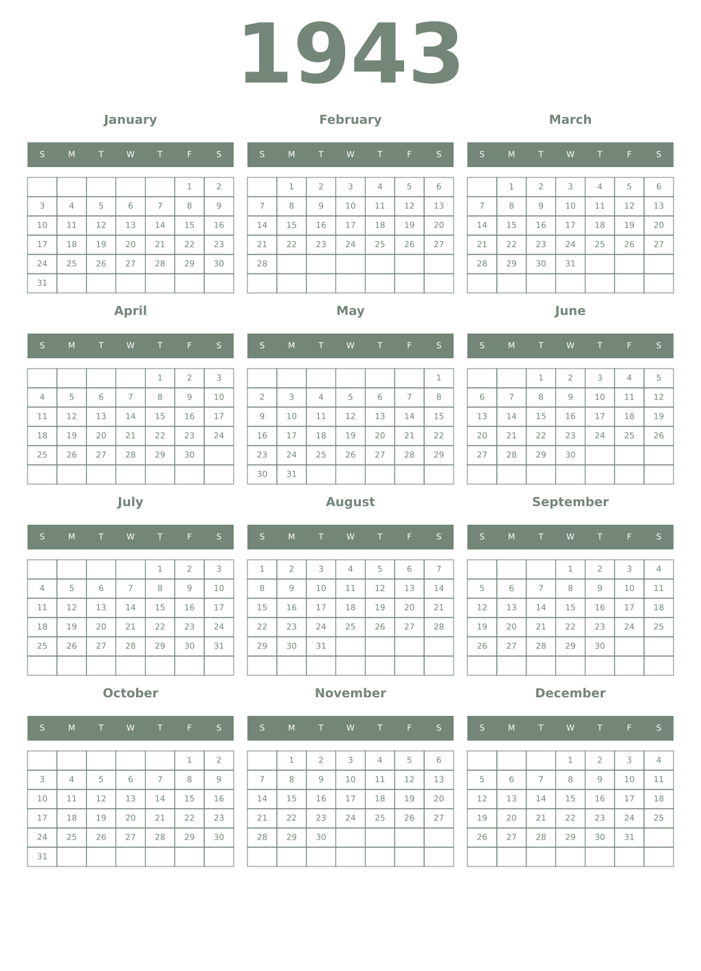 Printable 1943 Year Calendars xanadu