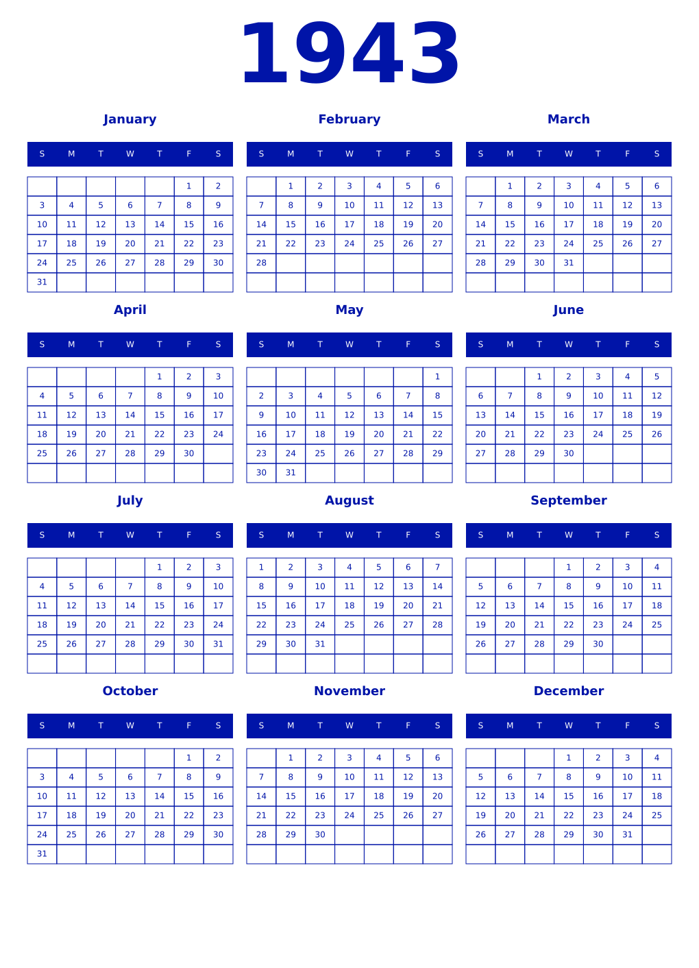 Printable 1943 Year Calendars zaffre