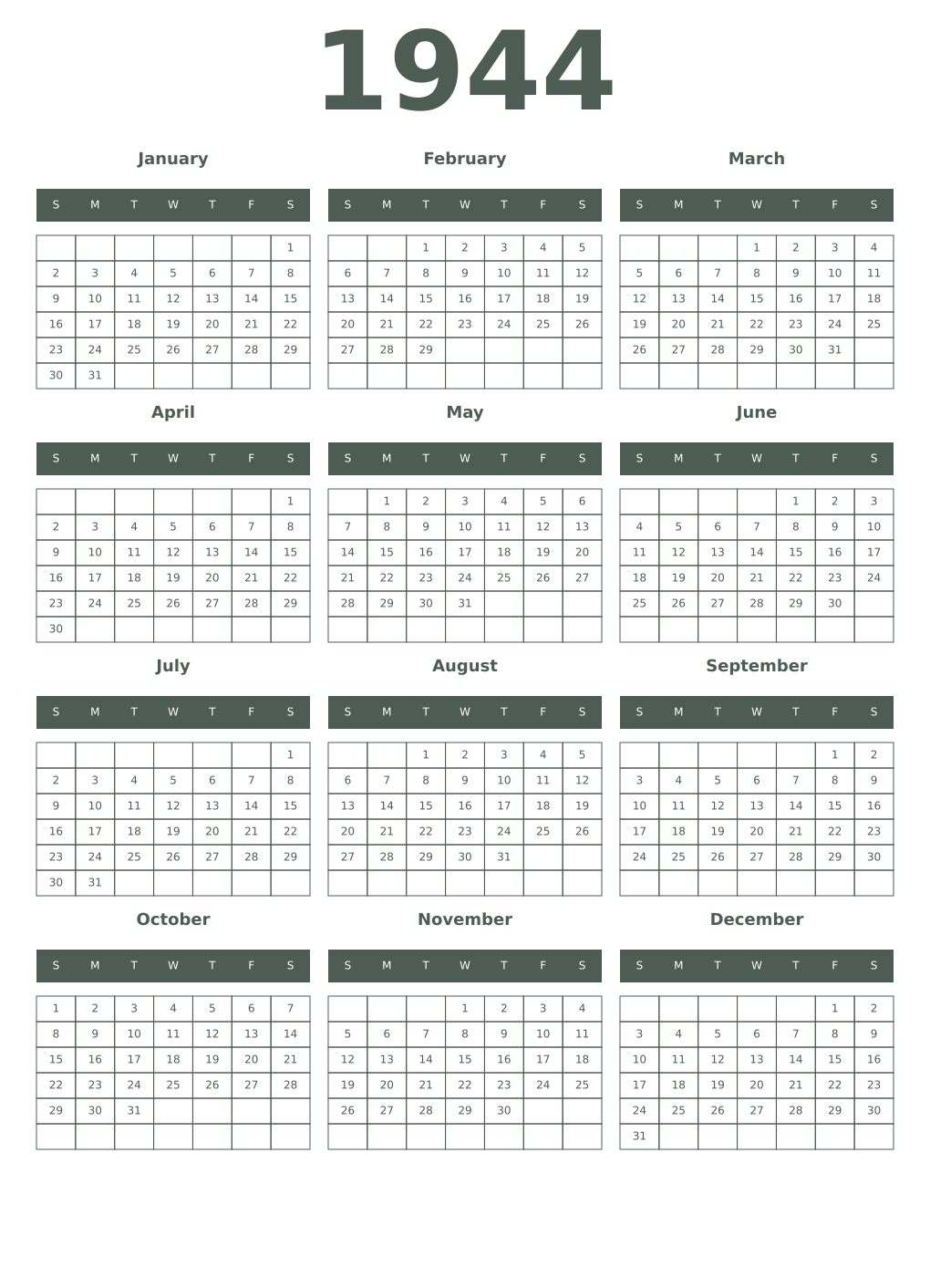 Printable 1944 Year Calendars feldgrau