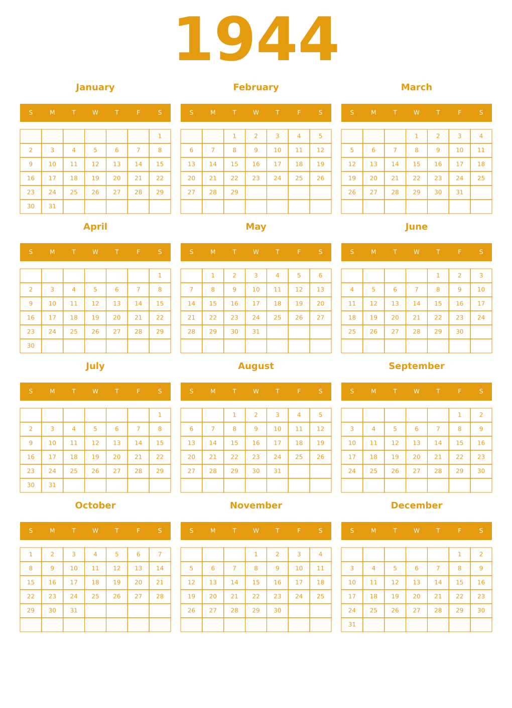 Printable 1944 Year Calendars gamboge