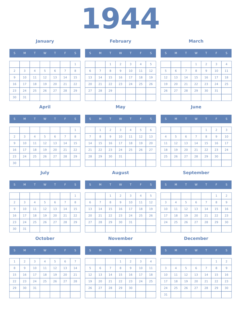 Printable 1944 Year Calendars glaucous