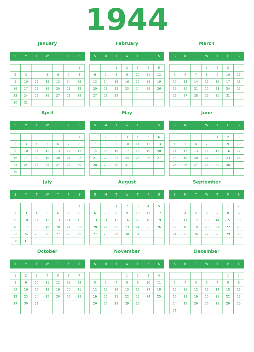 Printable 1944 Year Calendars green