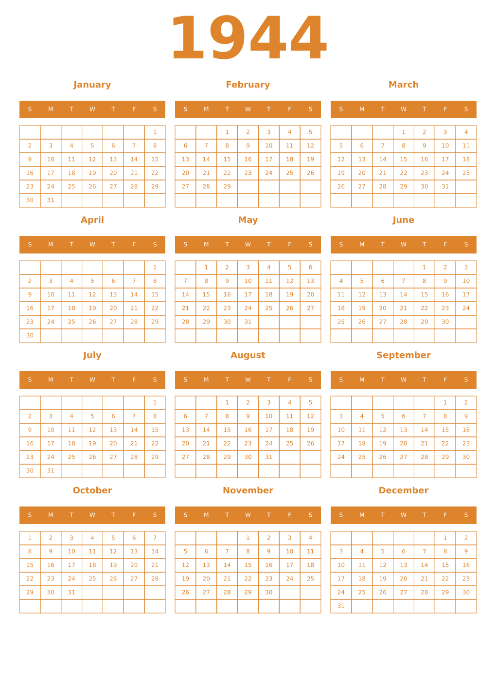 Printable 1944 Year Calendars orange