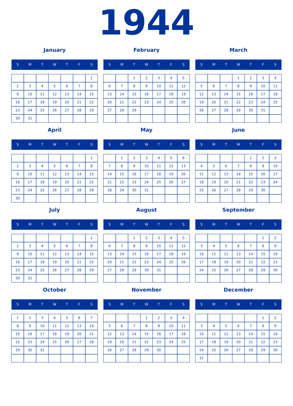 Printable 1944 Year Calendars smalt
