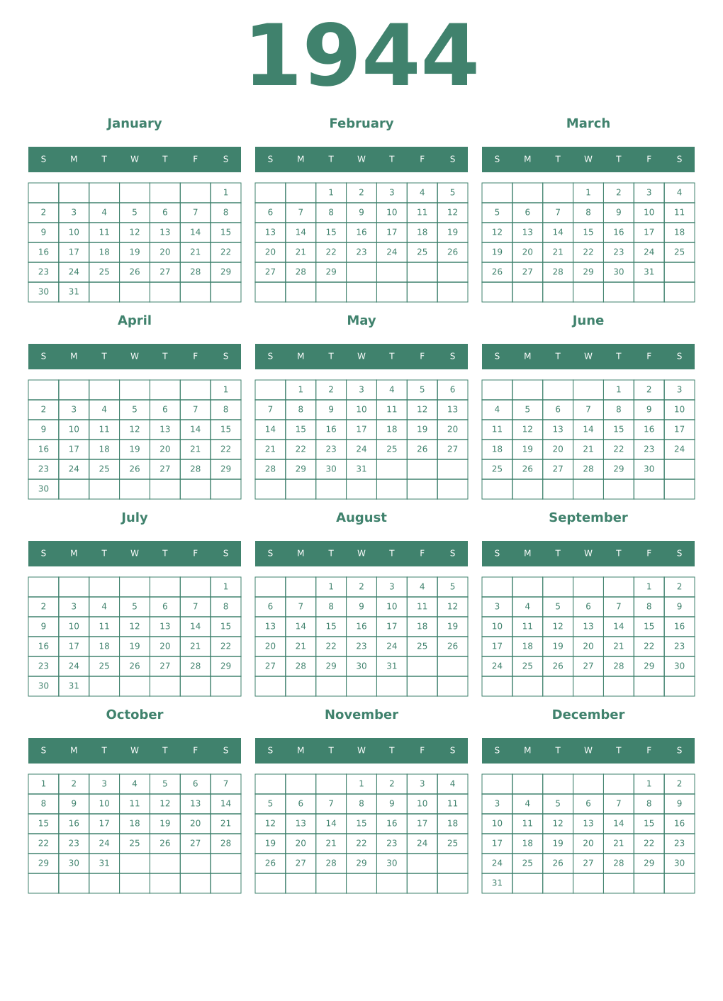 Printable 1944 Year Calendars viridian