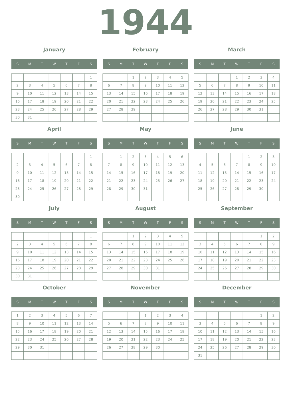 Printable 1944 Year Calendars xanadu