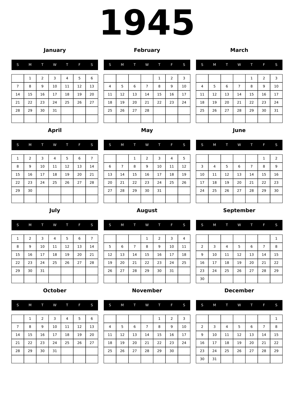 Printable 1945 Year Calendars black