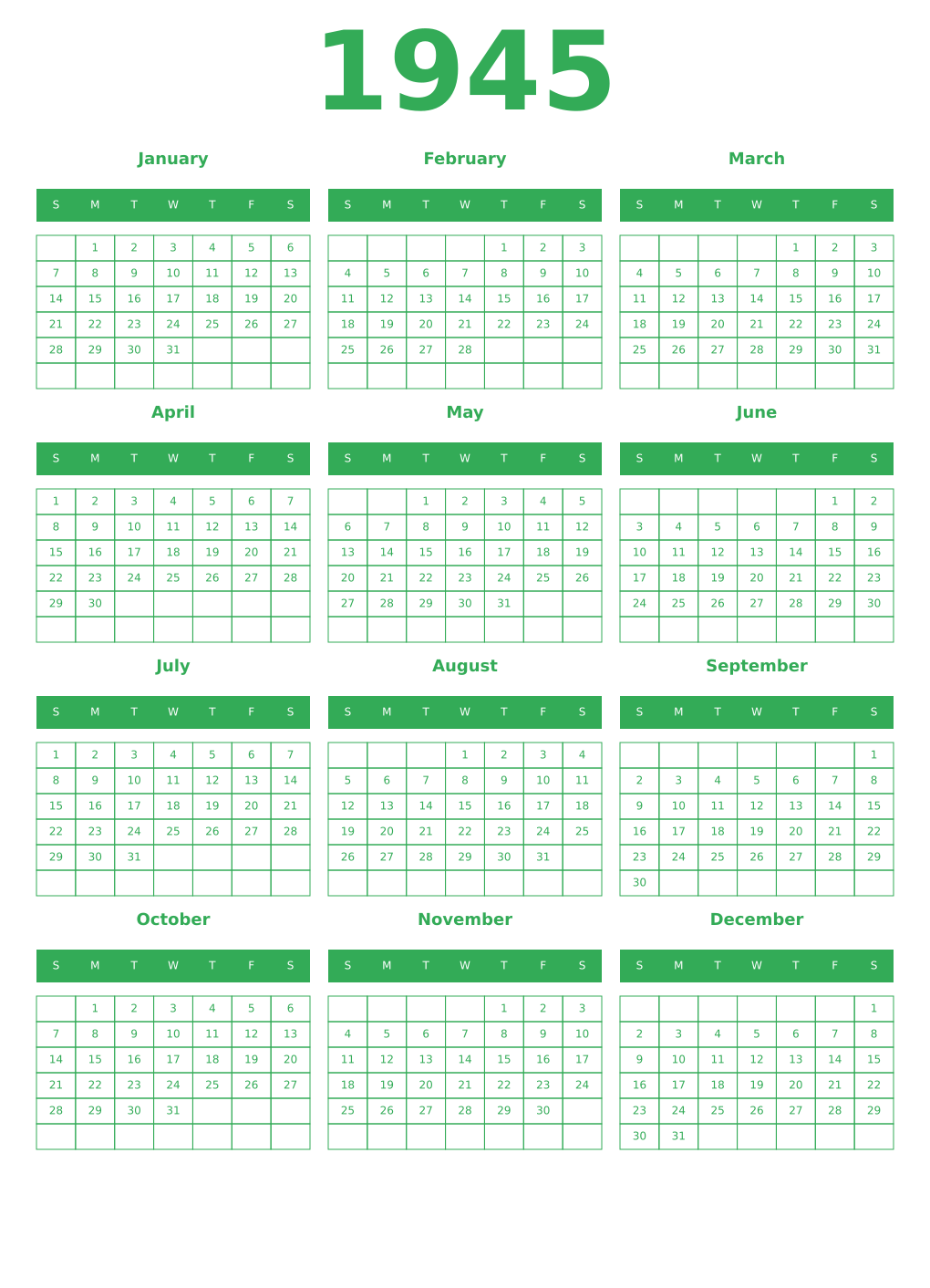 Printable 1945 Year Calendars green