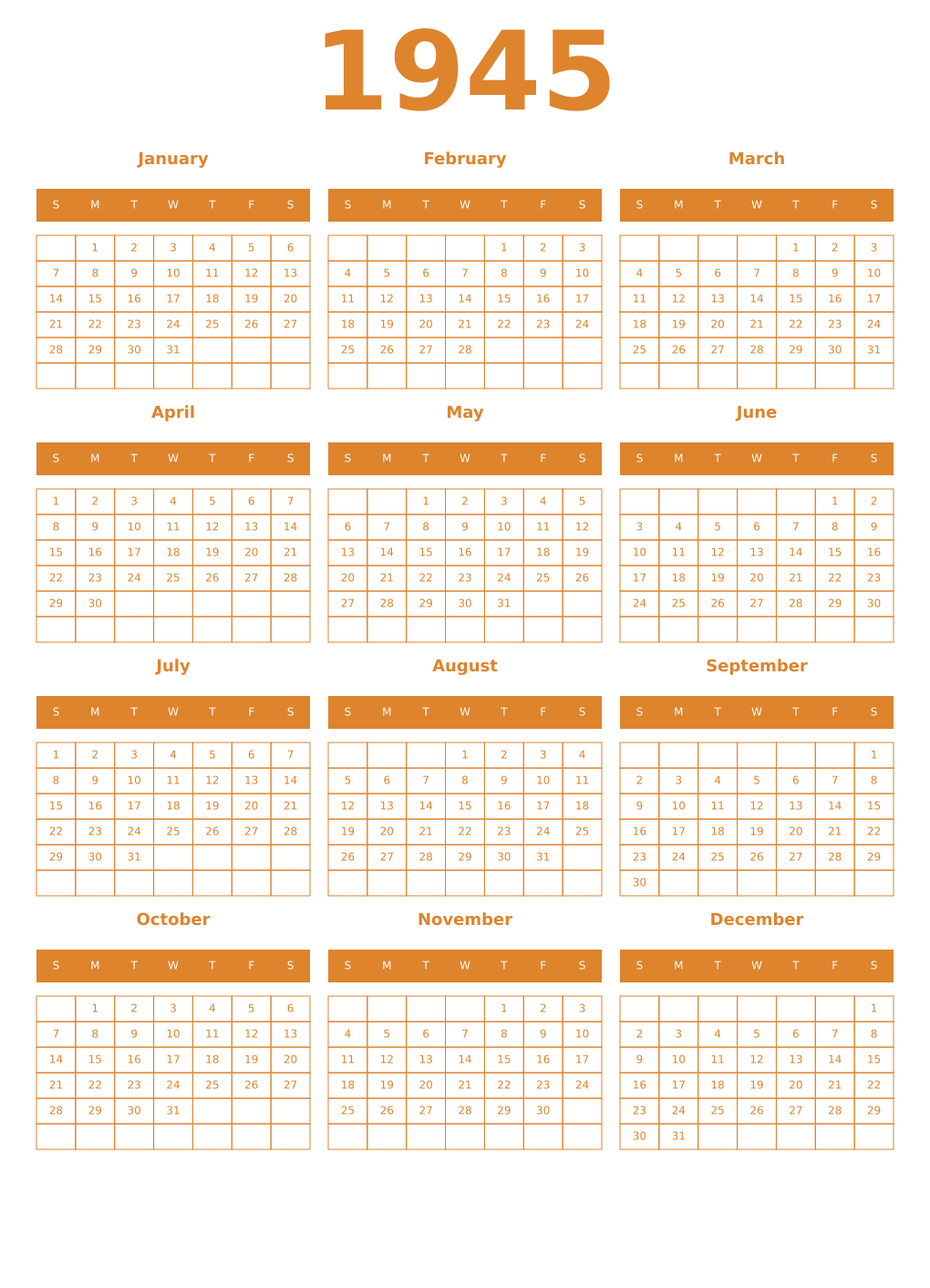 Printable 1945 Year Calendars orange