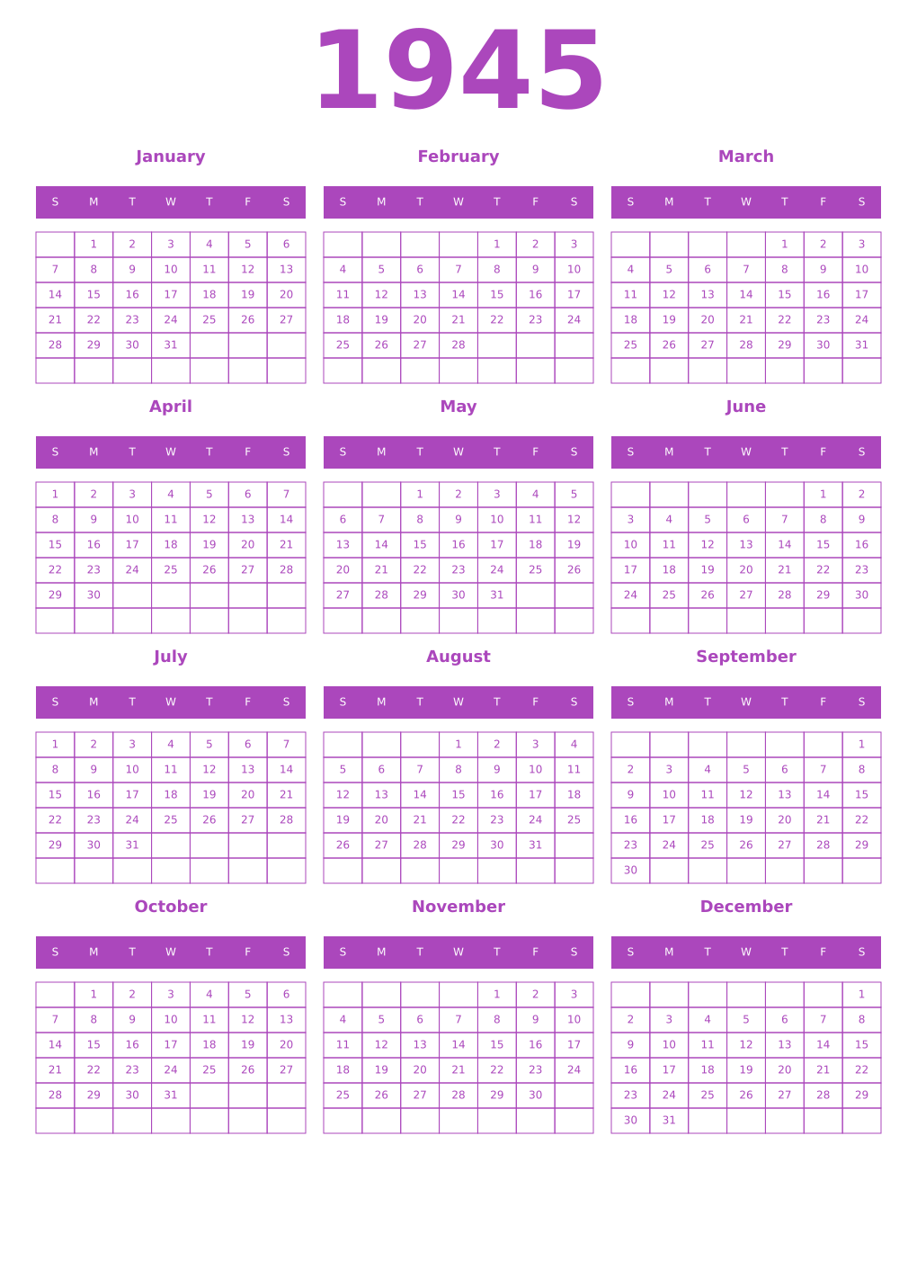 Printable 1945 Year Calendars purple