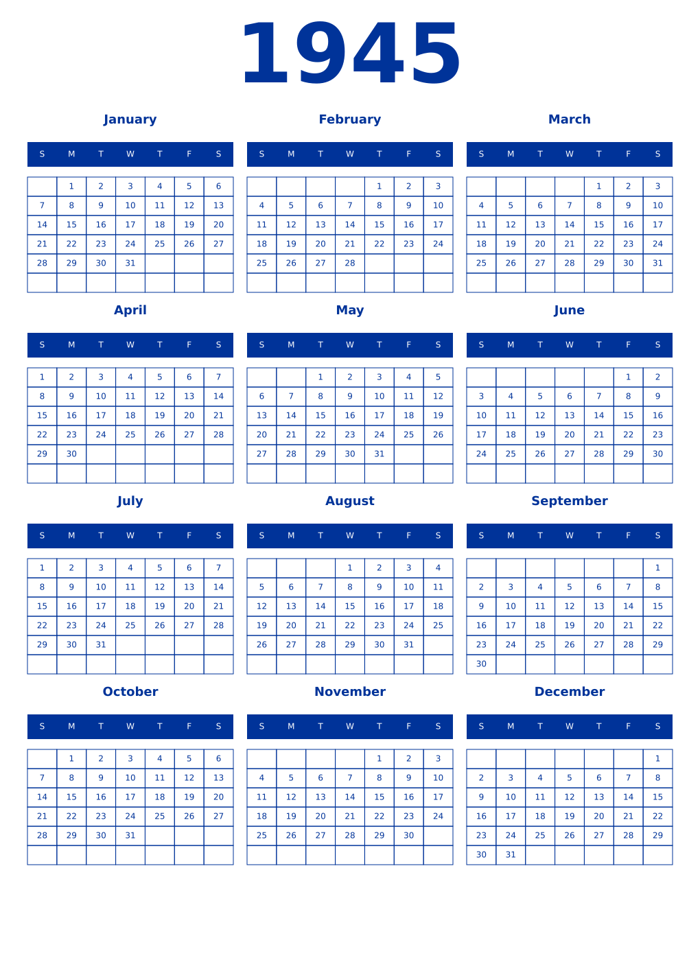 Printable 1945 Year Calendars smalt