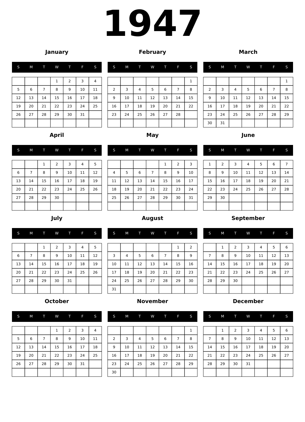 Printable 1947 Calendars