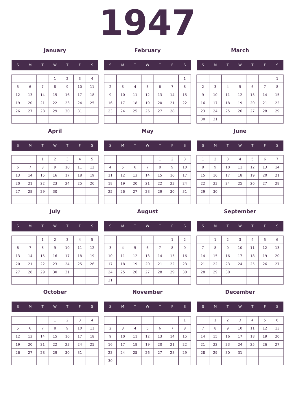 Printable 1947 Year Calendars aubergine
