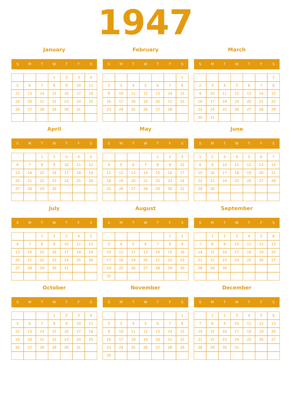 Printable 1947 Year Calendars gamboge