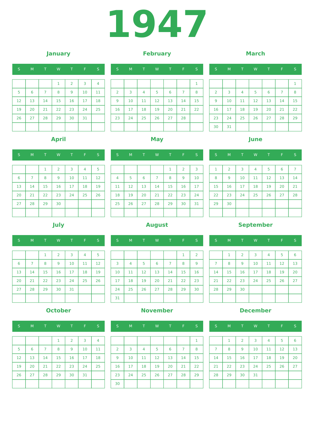 Printable 1947 Year Calendars green