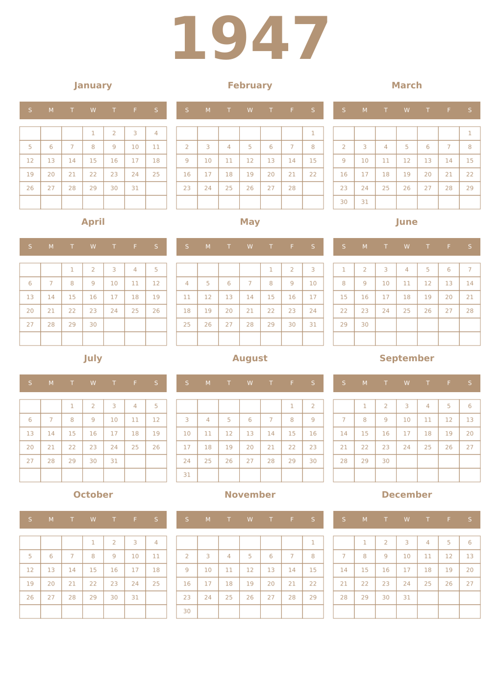 Printable 1947 Year Calendars isabelline