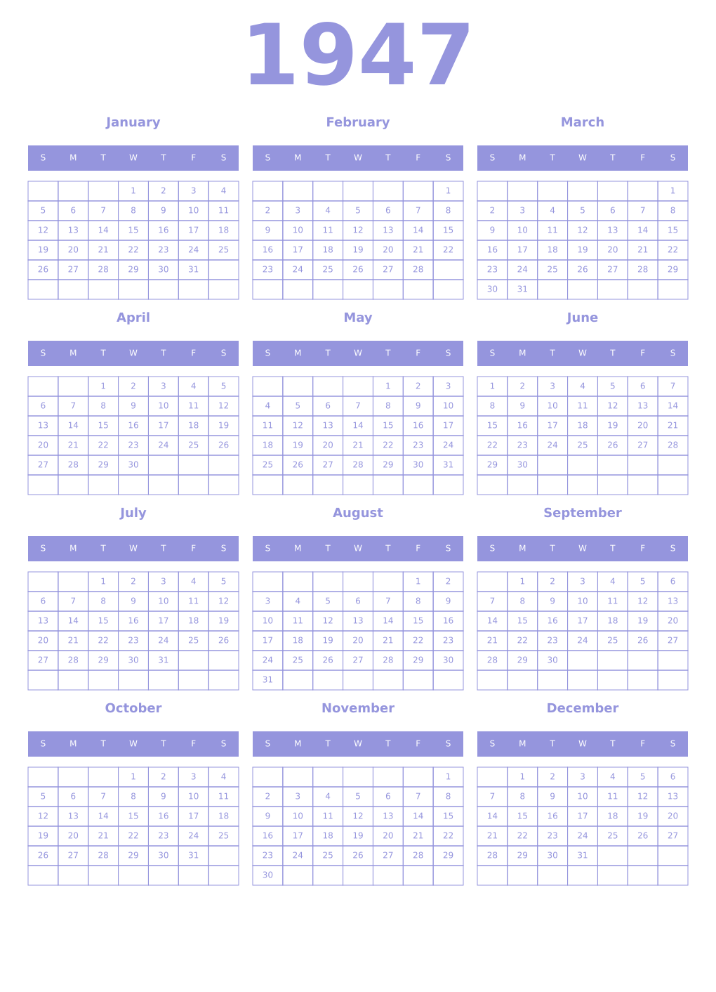 Printable 1947 Year Calendars periwinkle