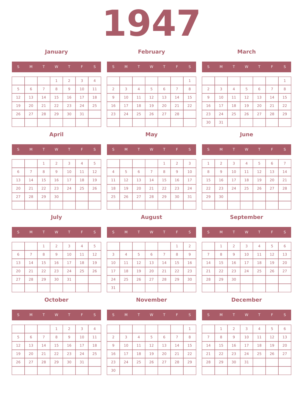 Printable 1947 Year Calendars puce