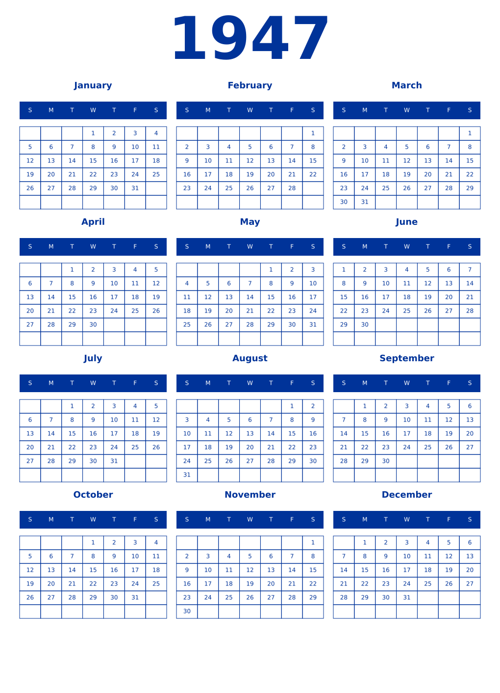 Printable 1947 Year Calendars smalt