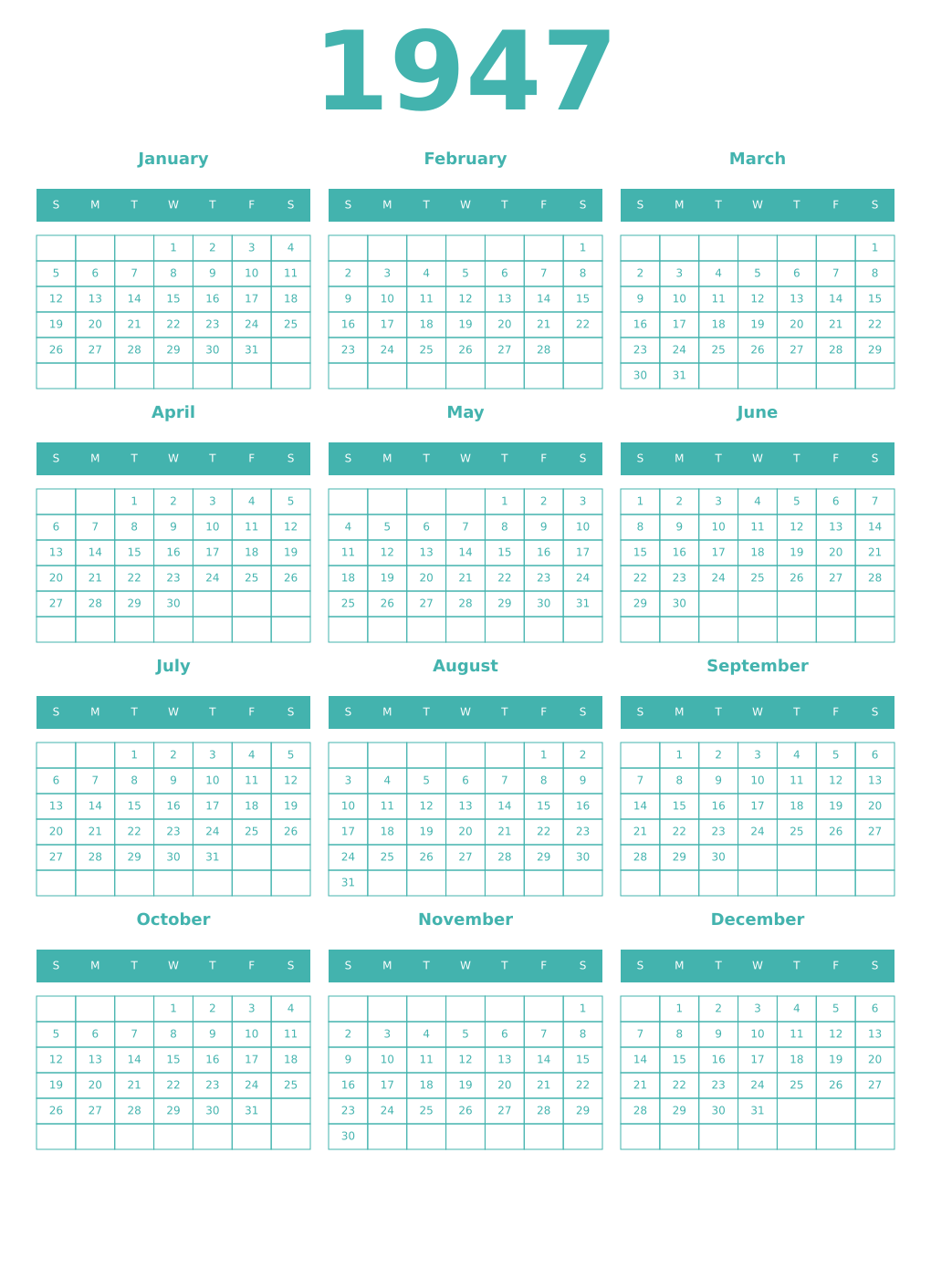 Printable 1947 Year Calendars verdigris