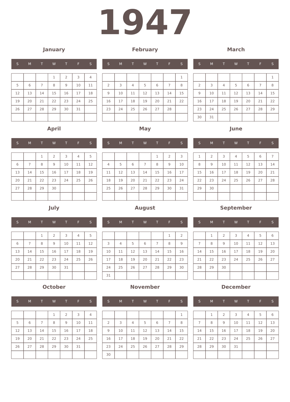 Printable 1947 Year Calendars wenge
