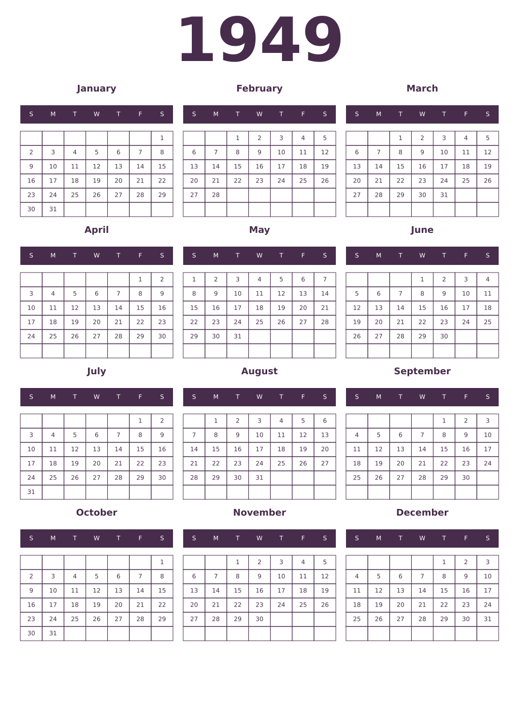 Printable 1949 Year Calendars aubergine