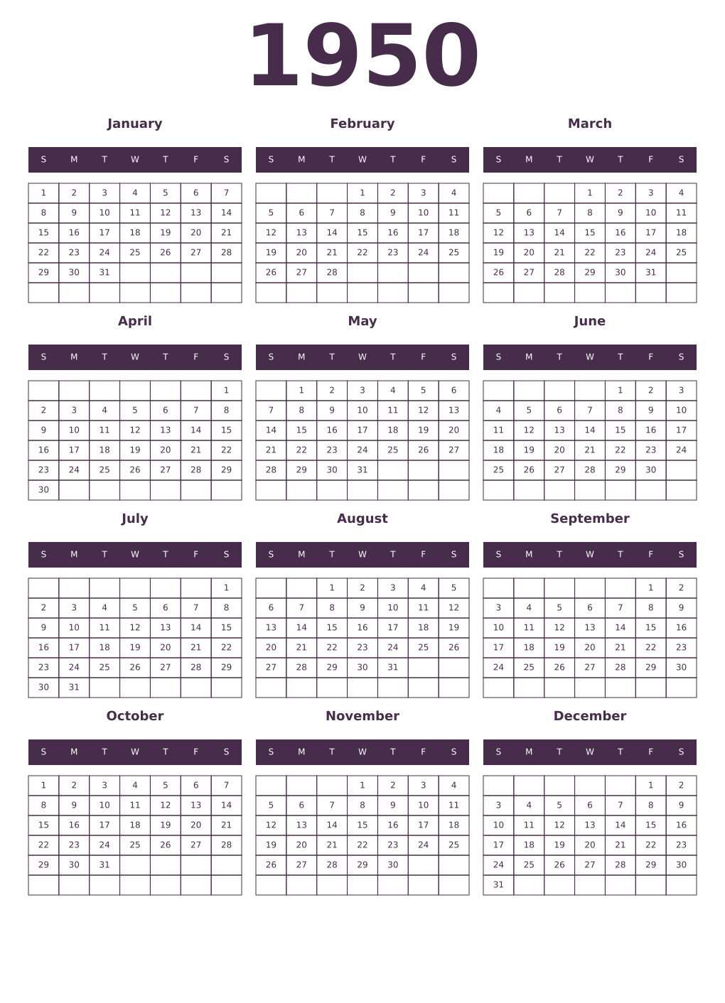 Printable 1950 Year Calendars aubergine