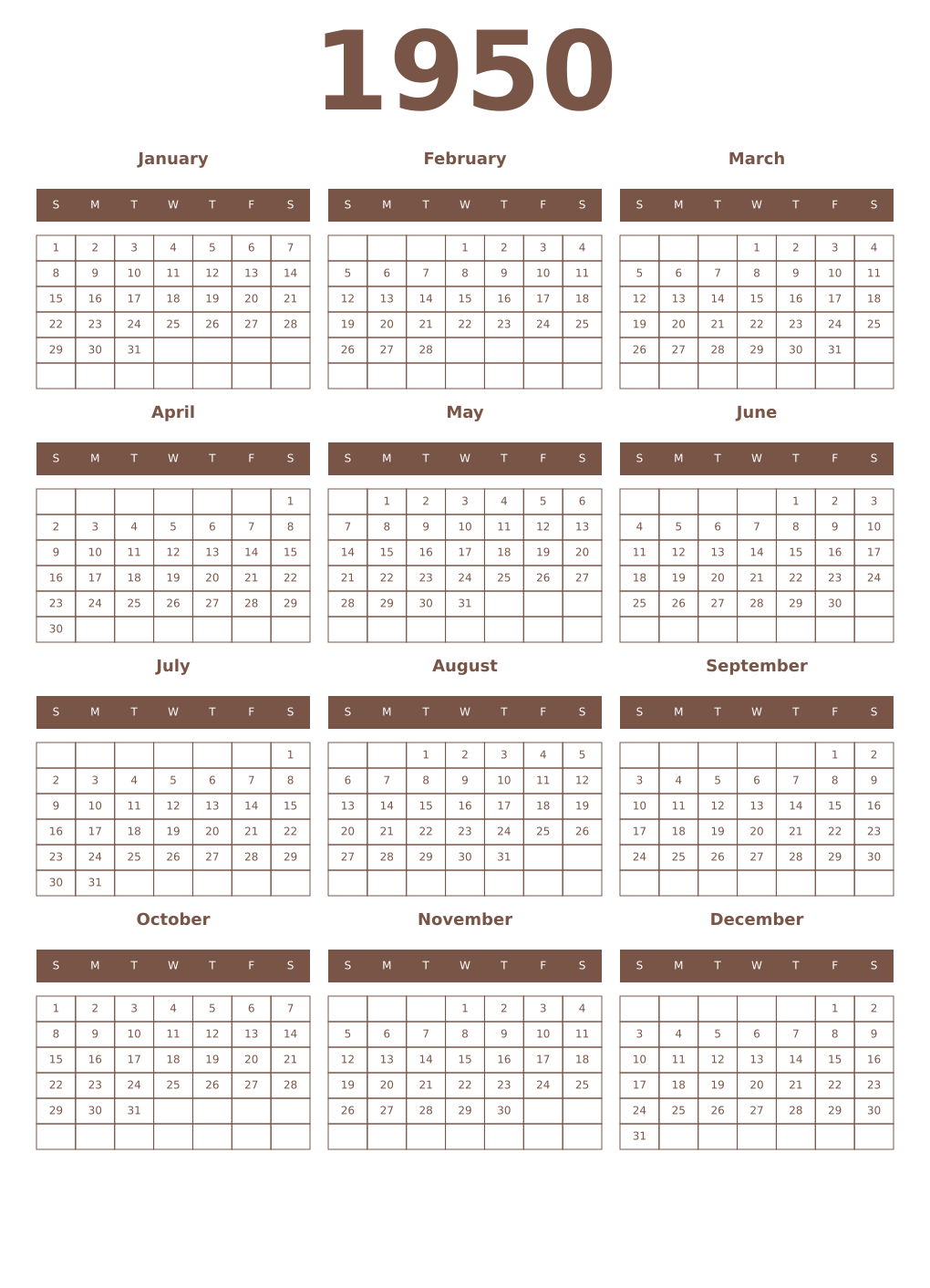 Printable 1950 Year Calendars coffe