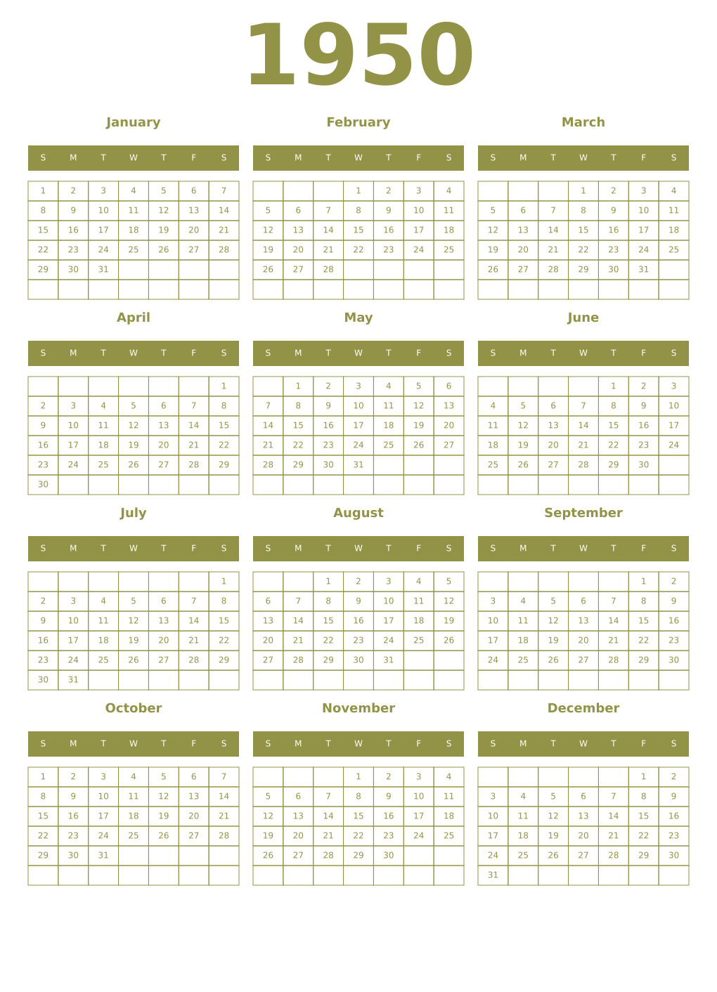 Printable 1950 Year Calendars eburnean