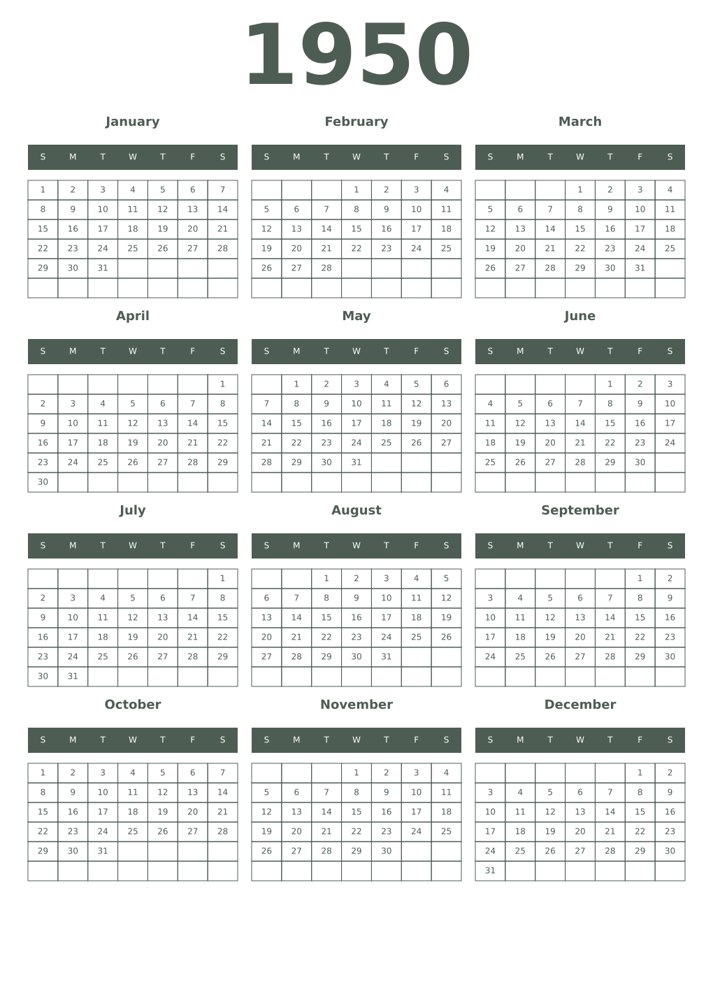 Printable 1950 Year Calendars feldgrau