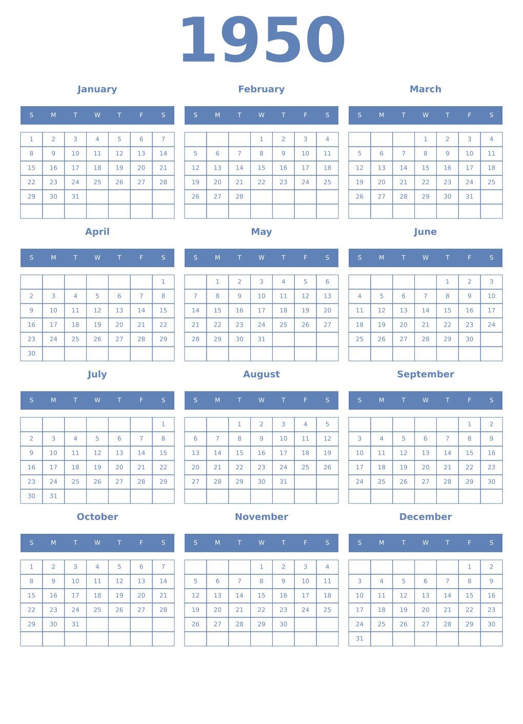 Printable 1950 Year Calendars glaucous