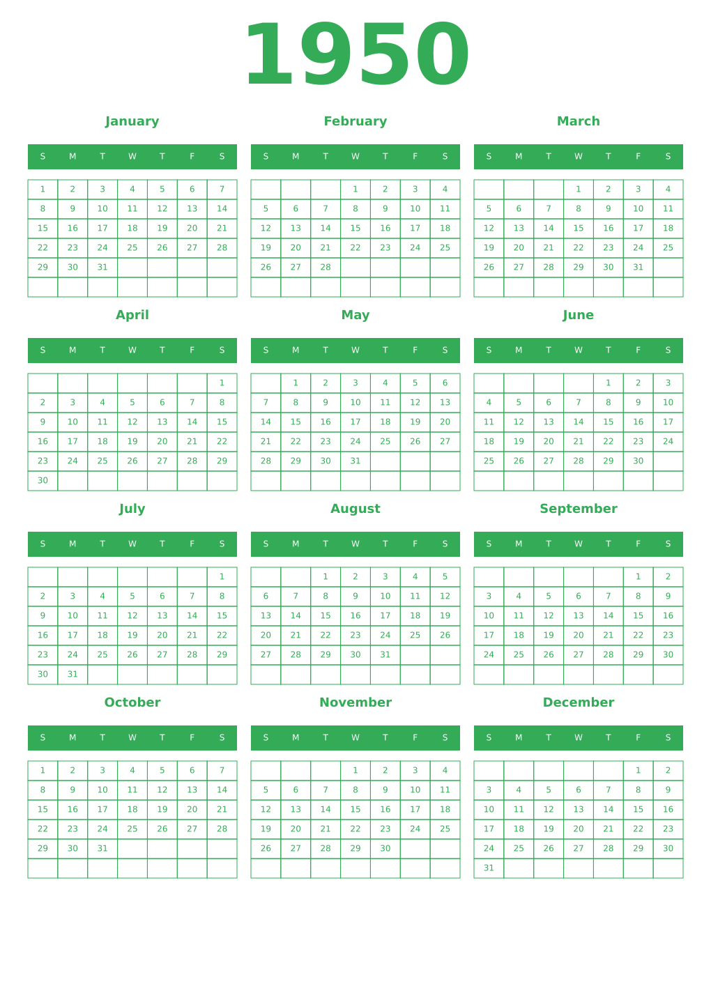 Printable 1950 Year Calendars green