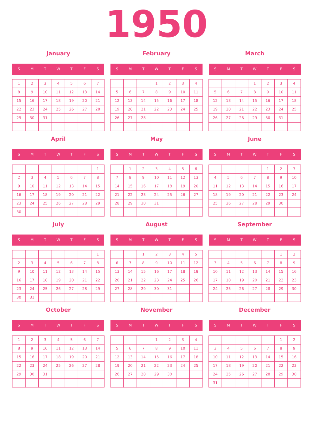 Printable 1950 Year Calendars pink