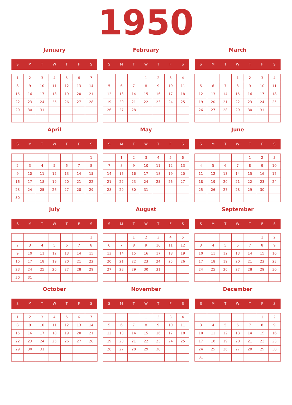 Printable 1950 Year Calendars red