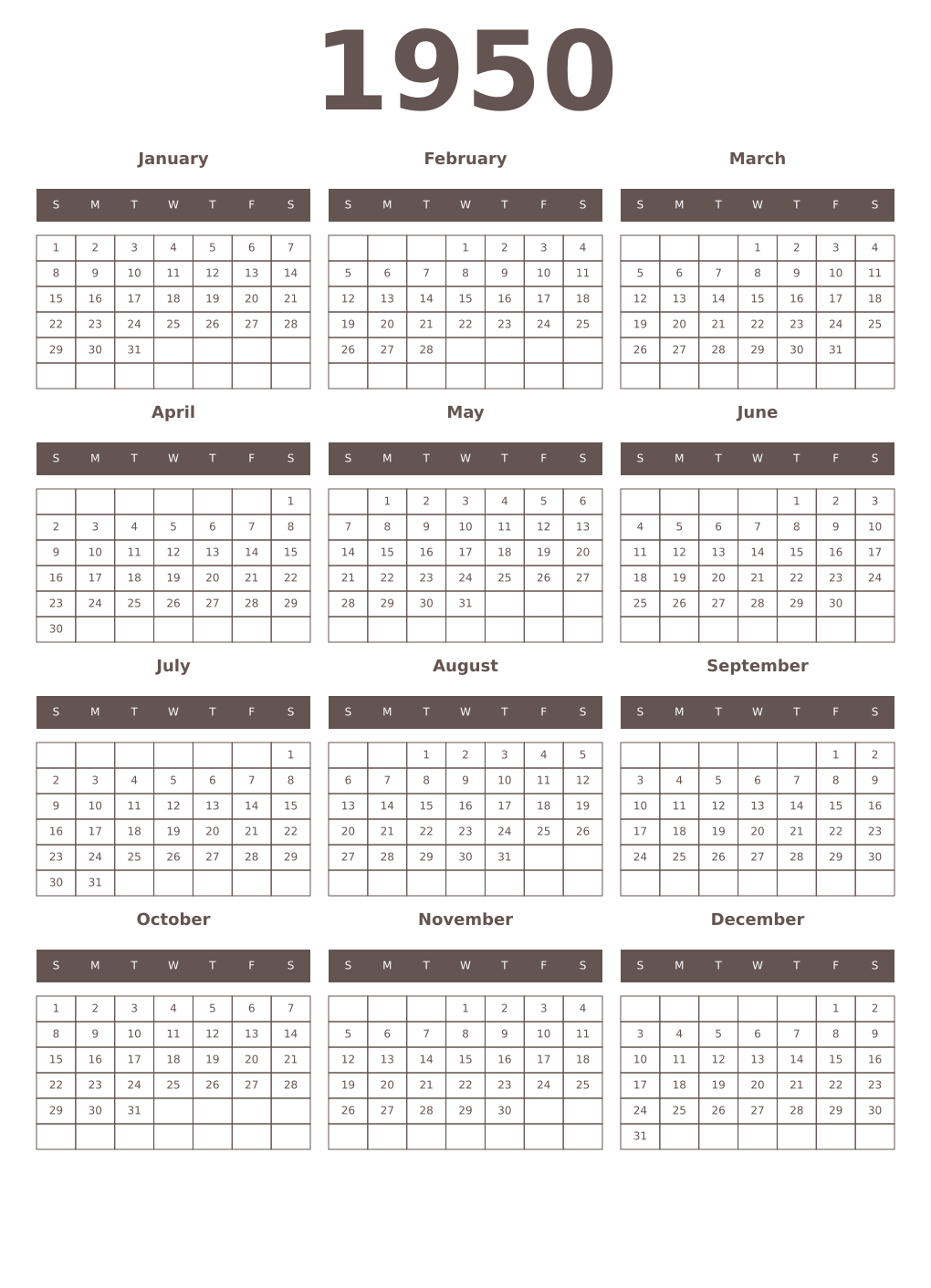 Printable 1950 Year Calendars wenge