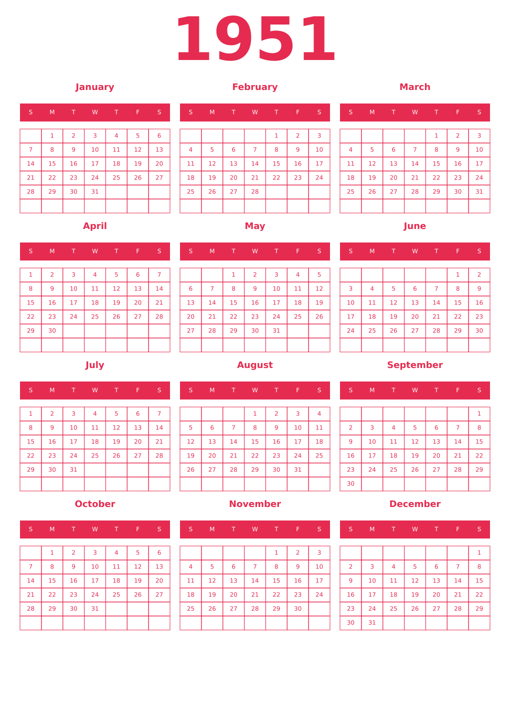 Printable 1951 Year Calendars amaranth