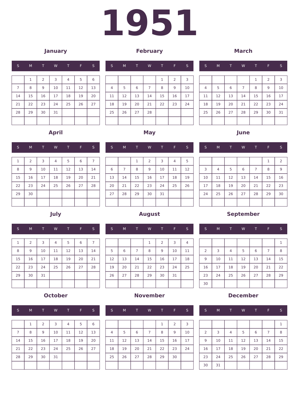 Printable 1951 Year Calendars aubergine