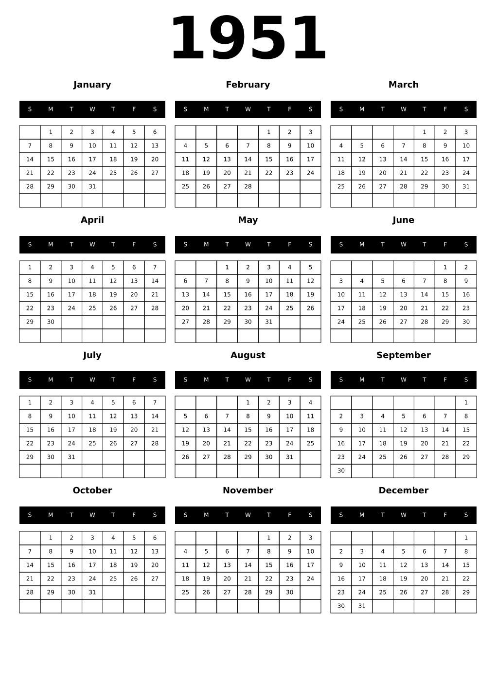 Printable 1951 Year Calendars black
