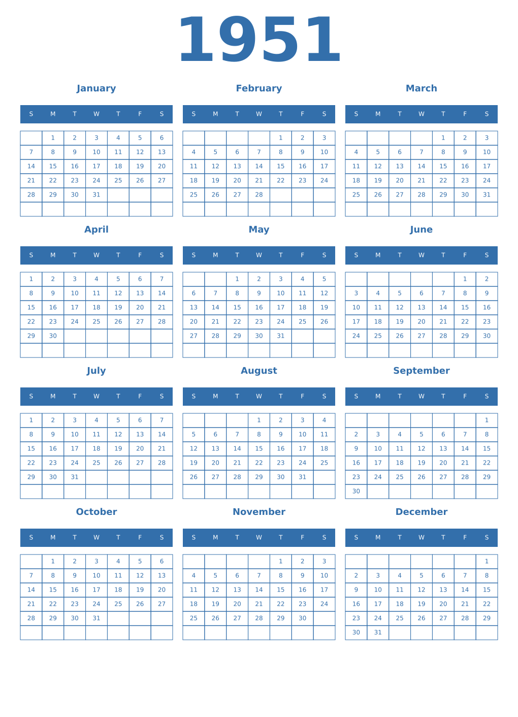 Printable 1951 Year Calendars blue