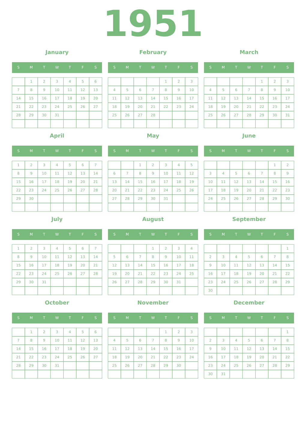 Printable 1951 Year Calendars celadon