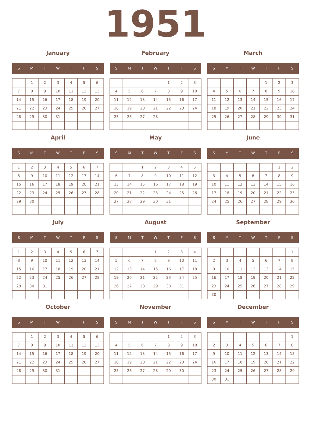 Printable 1951 Year Calendars coffe
