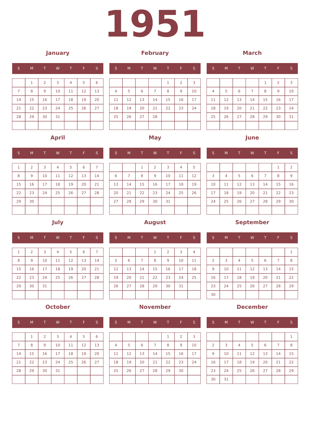 Printable 1951 Year Calendars cordovan