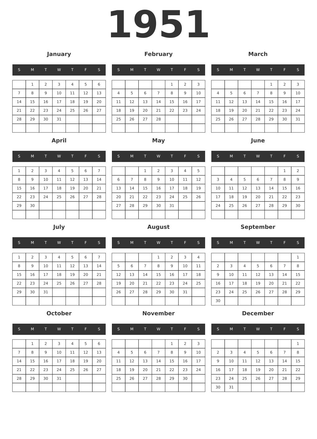 Printable 1951 Year Calendars dark