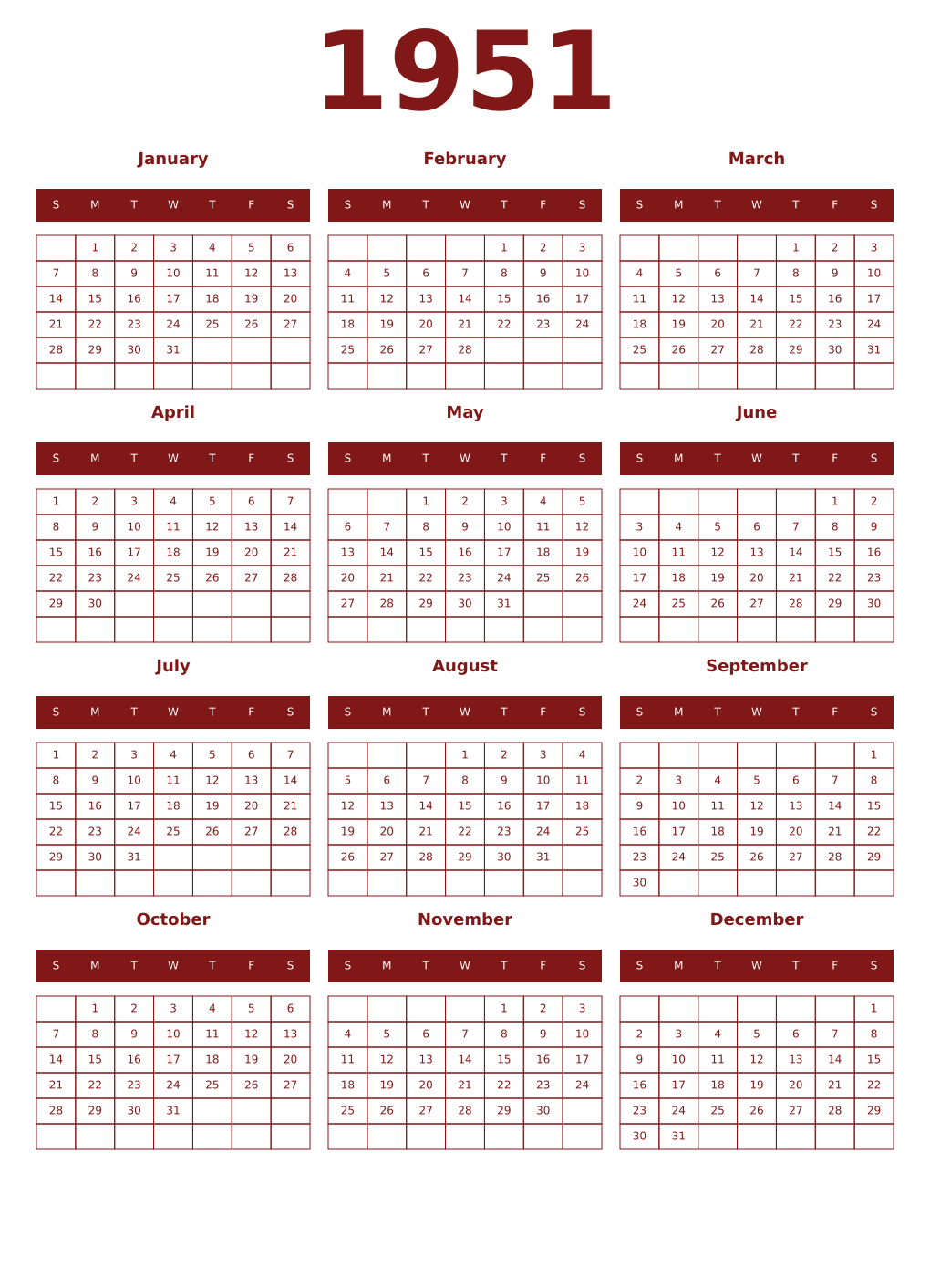Printable 1951 Year Calendars falu